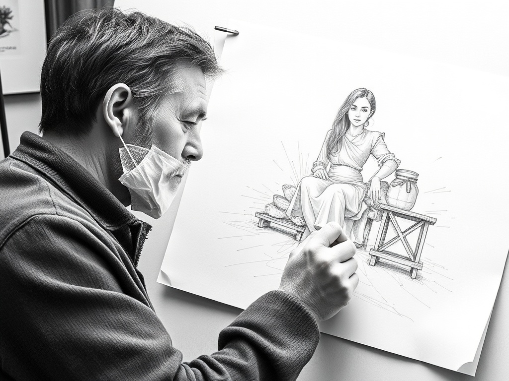 artist sketching on paper with pencil