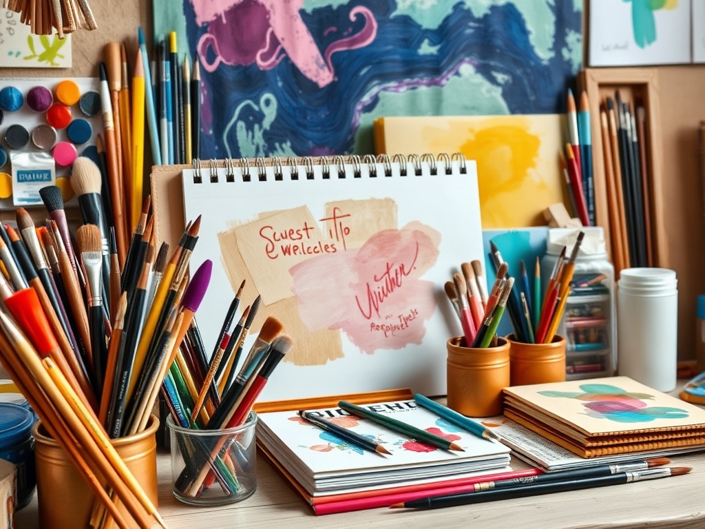 vibrant art supplies, brushes, and sketchbooks in studio