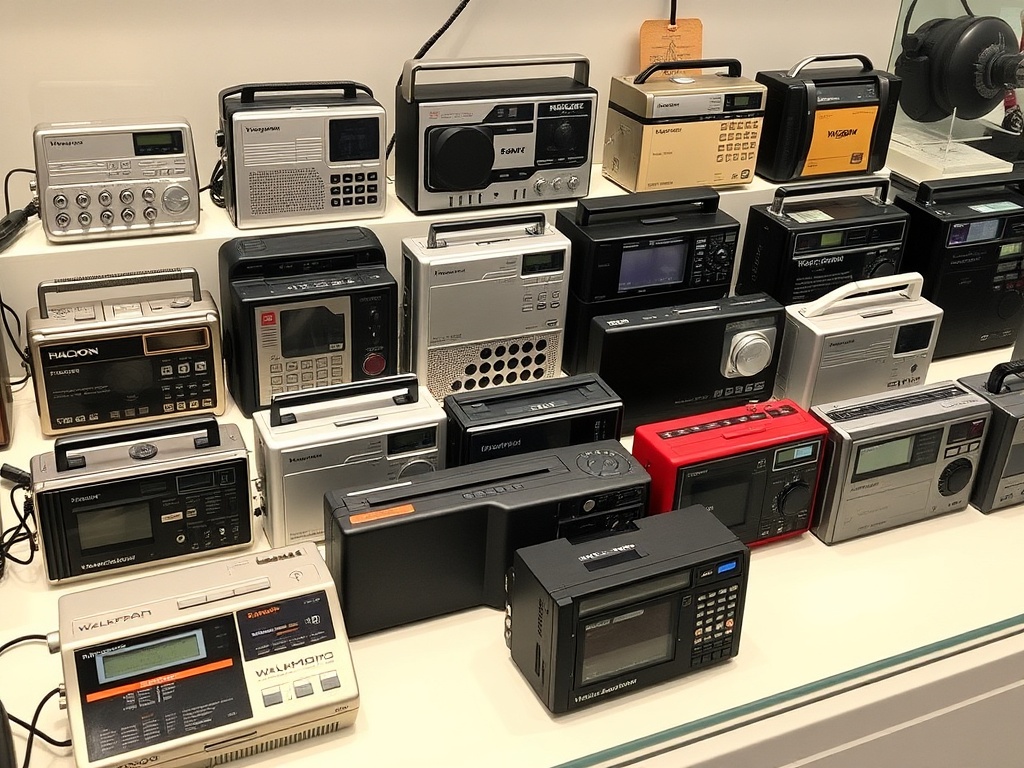 a collection of various vintage Walkman models on display, showcasing their retro designs and iconic status
