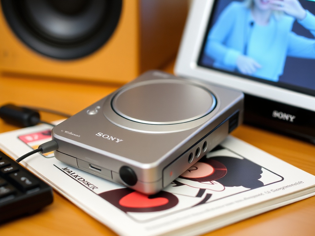 Sony Walkman MZ-R55 MiniDisc player, compact and stylish design, placed on a music desk