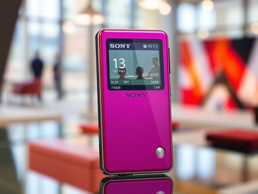 Sony Walkman NW-A1000, MP3 player model, displayed in a modern setting with vibrant colors