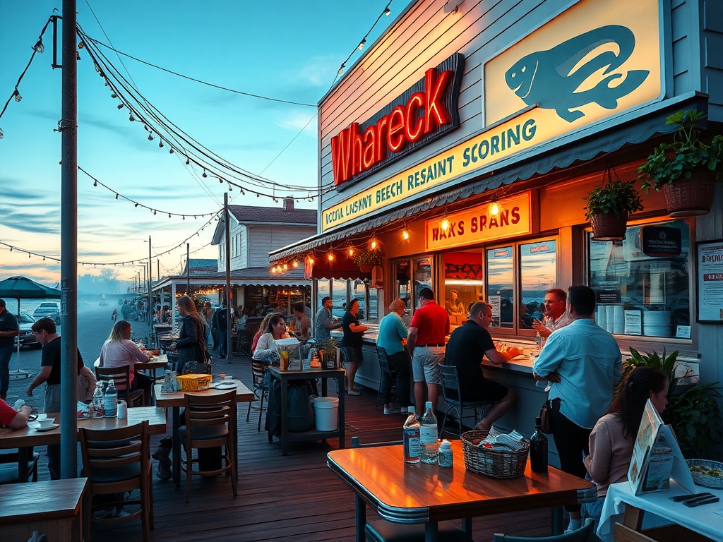 vivid description of a bustling Wasaga Beach restaurant serving local seafood and fresh ingredients