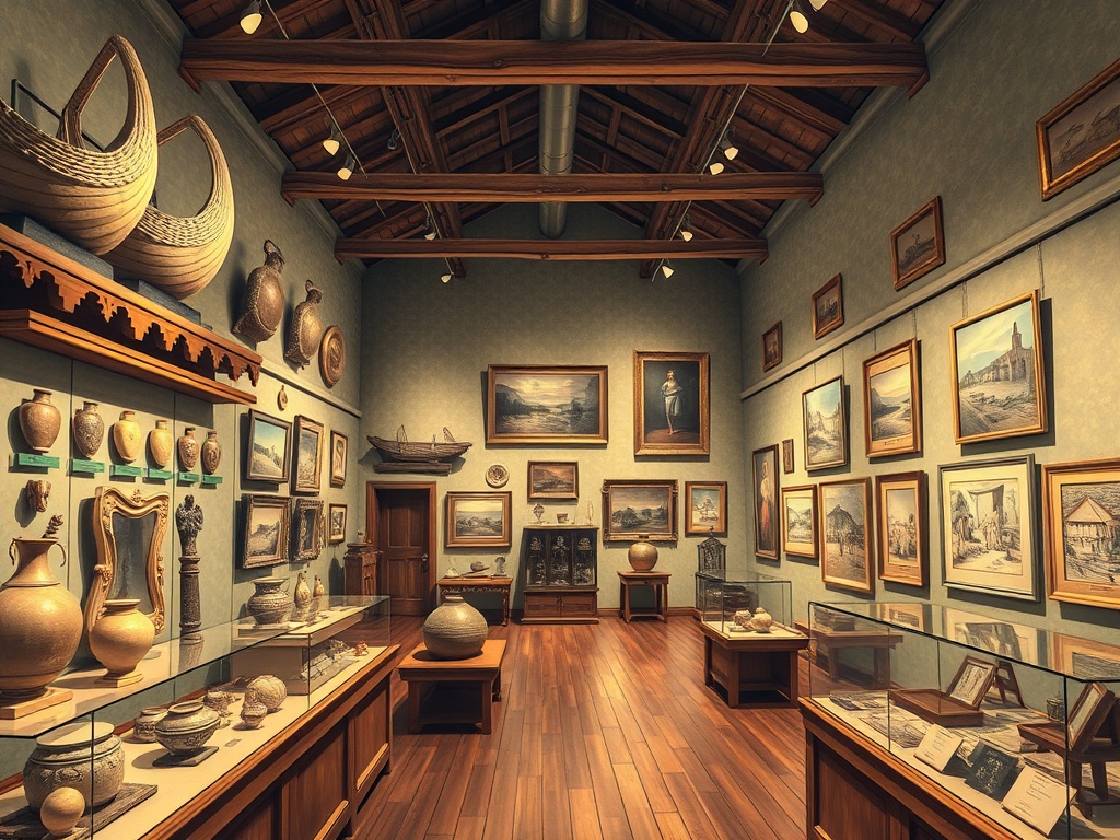vivid description of a museum showcasing artifacts, local art, and historical exhibits