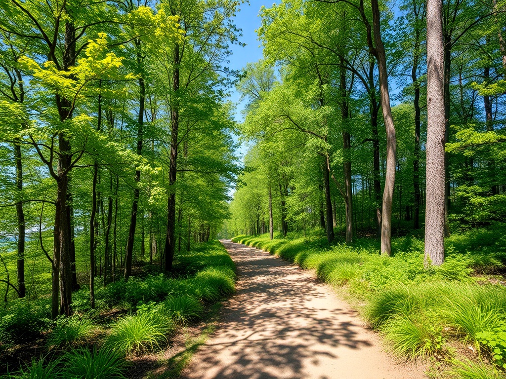 vivid description of a trail in Wasaga Beach with green trees, lush vegetation, and clear skies