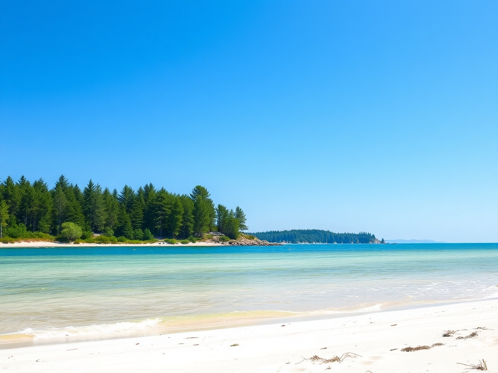 vivid description of the beach in Wasaga Beach, with crystal-clear water, soft white sand, and distant green trees under a bright blue sky