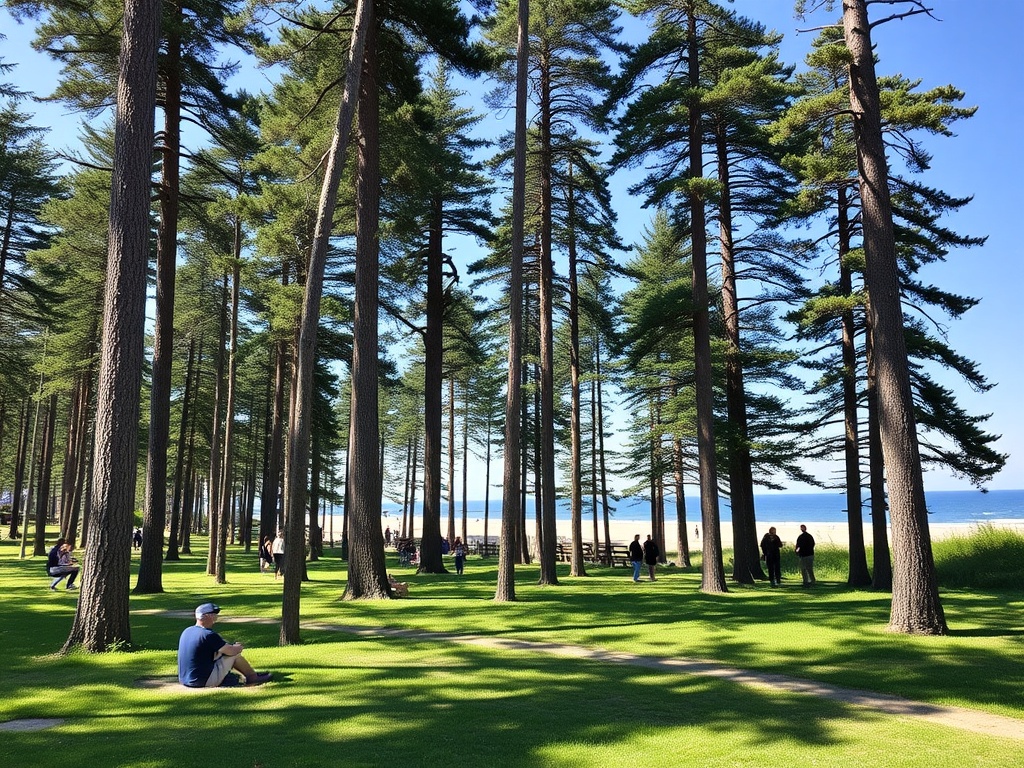 vivid description of Wasaga Beach Provincial Park with visitors enjoying the outdoors, tall trees, and grassy areas
