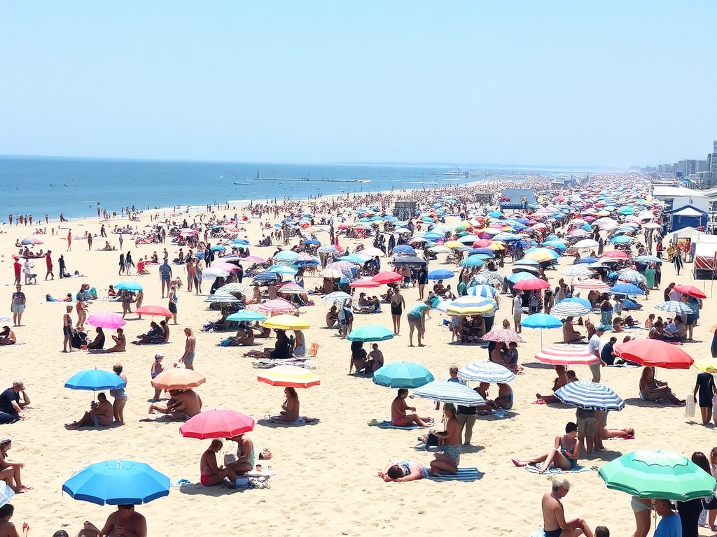 crowded Wasaga Beach midday umbrellas packed sand busy summer chaotic scene Ontario