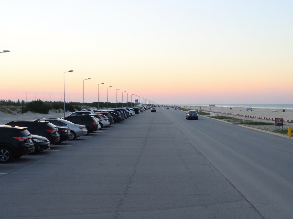 empty beach parking lot early morning Wasaga Beach cars arriving sunrise quiet roads Ontario