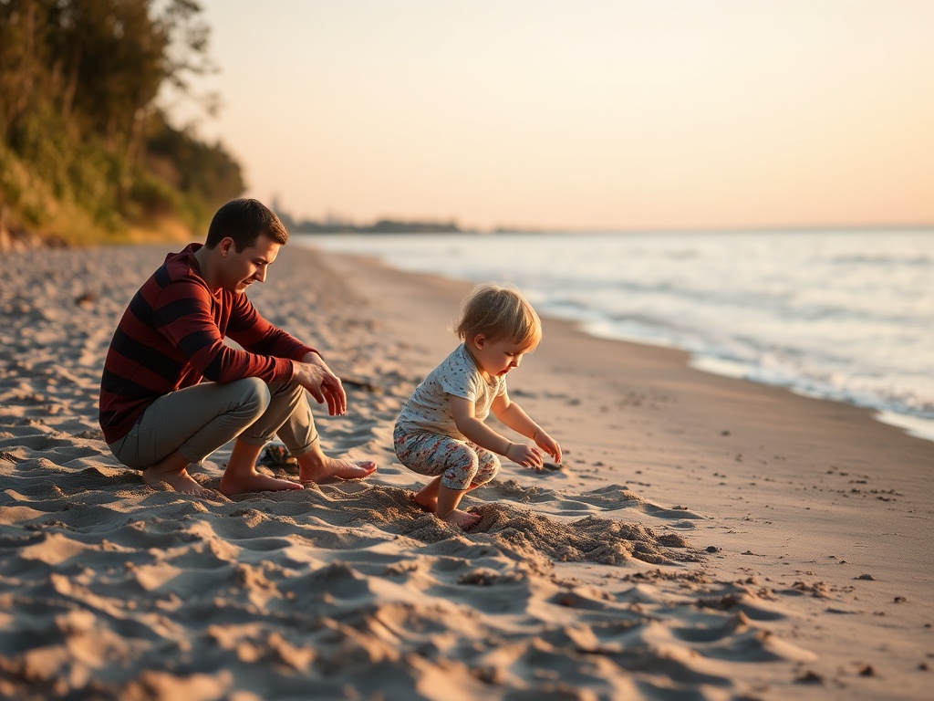 family enjoying quiet early beach morning kids playing sand peaceful setting Ontario lake shoreline