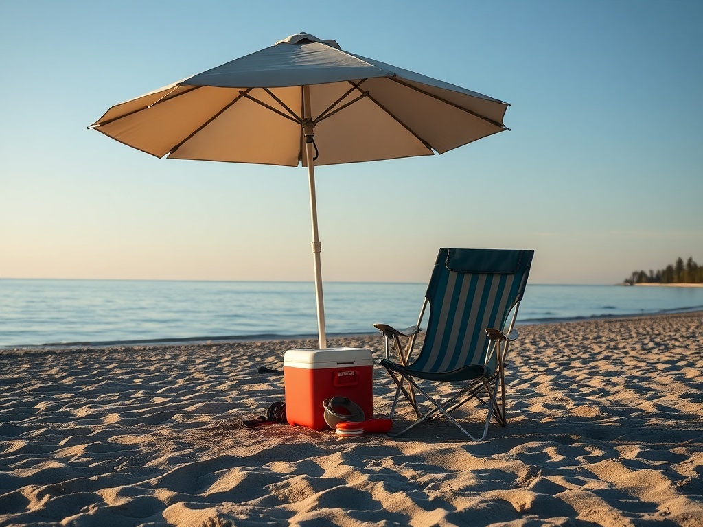 organized beach setup early morning umbrella chairs cooler neatly arranged on quiet sandy beach Ontario