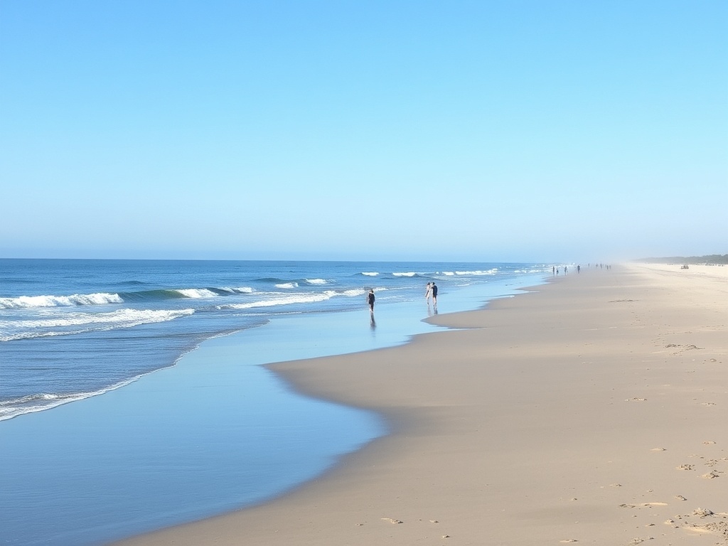 quiet Wasaga Beach morning with gentle waves, families setting up early, wide open shoreline, blue sky