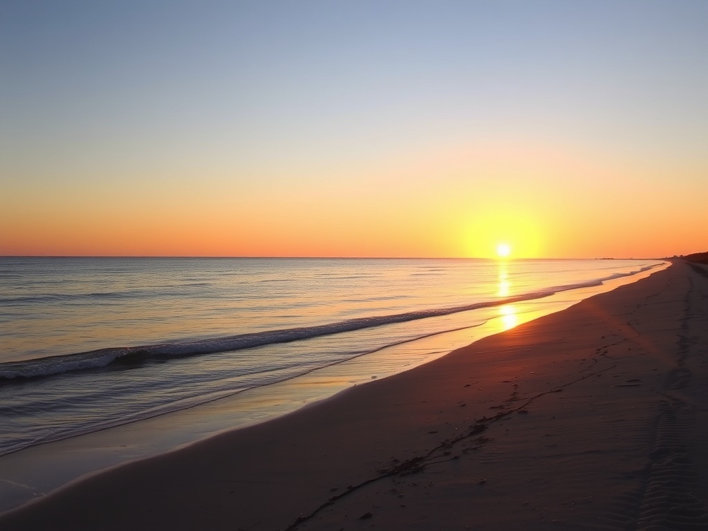 sunrise over Wasaga Beach with calm water, soft golden light, empty shoreline, peaceful summer morning Ontario