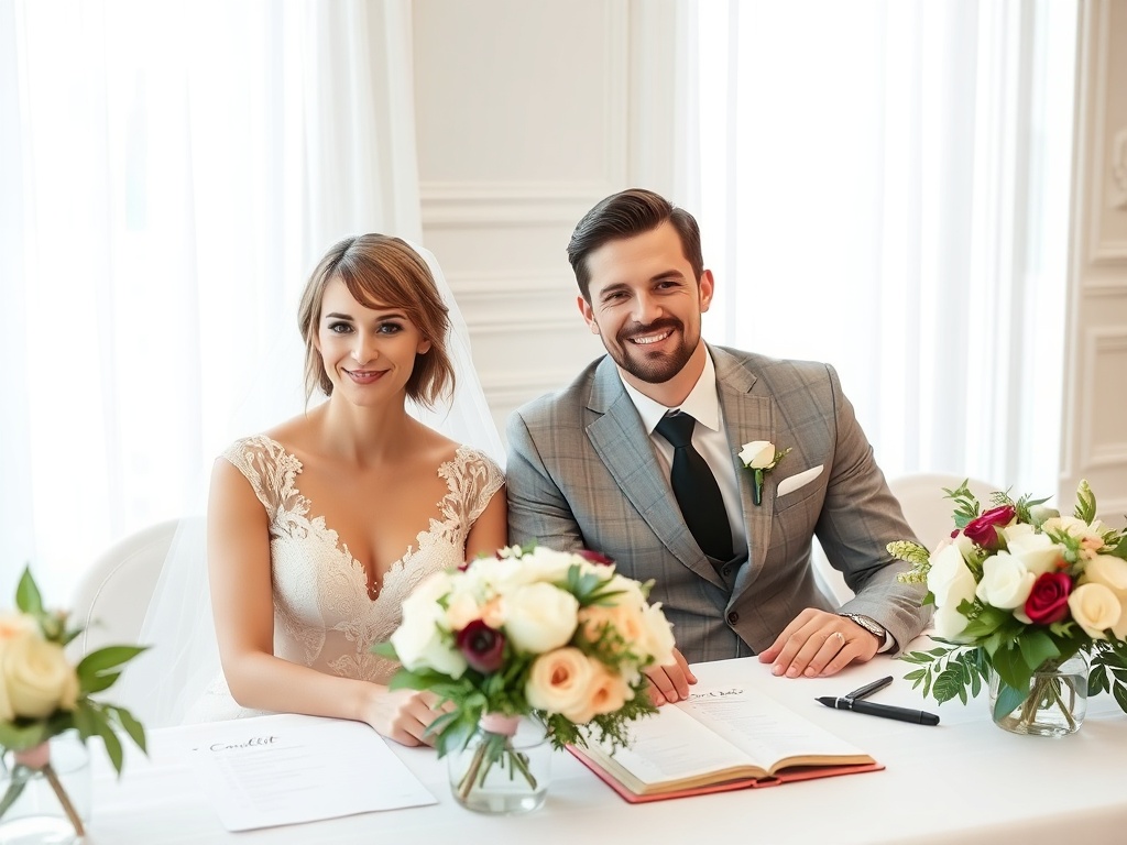 a bride and groom sitting at a table with wedding planners and a checklist, calm and organized