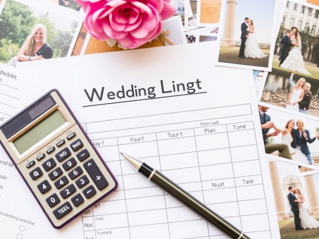 a wedding budget plan with a pen, calculator, and wedding-related images