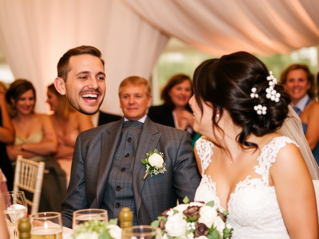 bride and groom enjoying their wedding day, laughing with guests