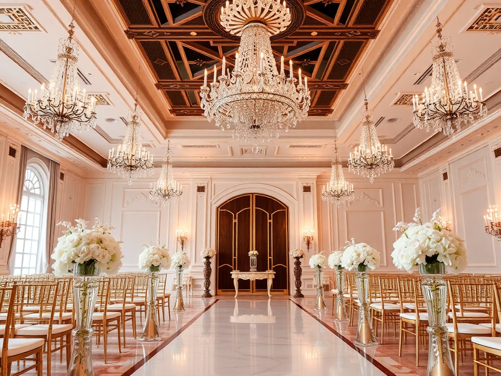 elegant wedding ballroom with chandeliers and white flowers