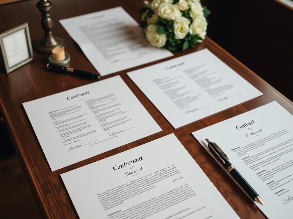 wedding documents and contracts laid out neatly on a desk