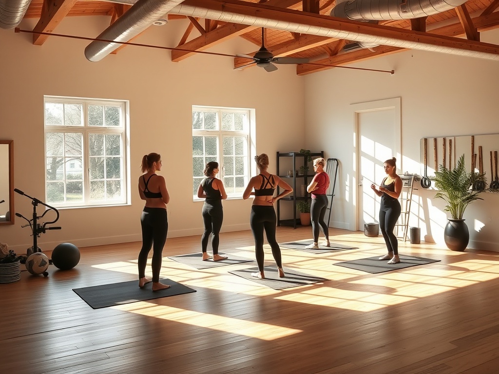 bright local fitness studio with small group class, natural light, calm atmosphere