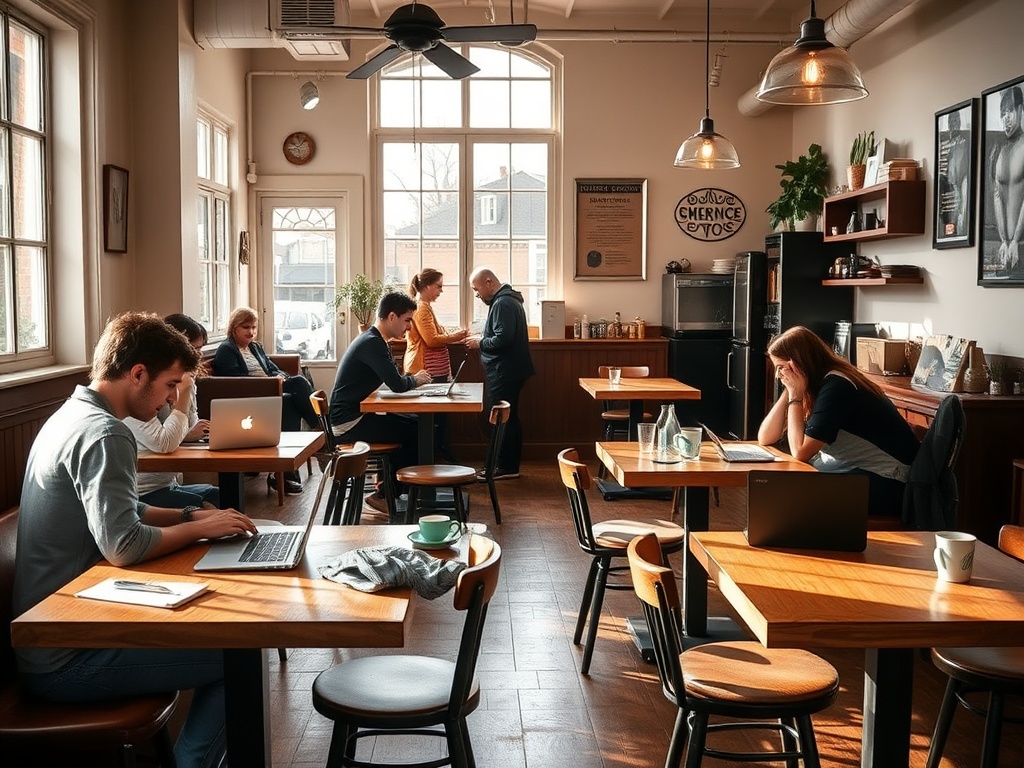 cozy independent coffee shop interior with natural light, wooden tables, locals working on laptops