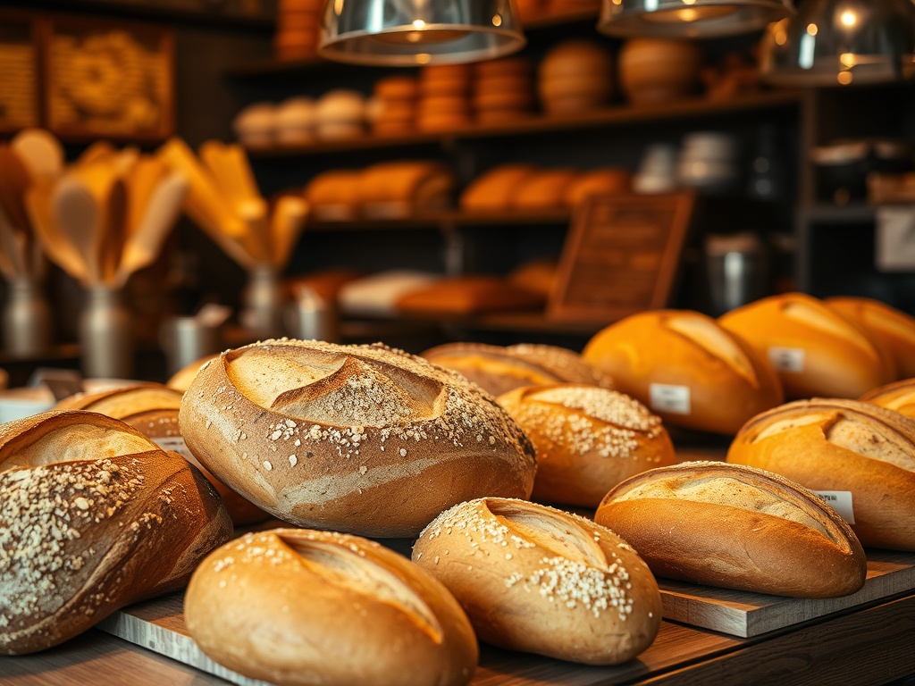 fresh artisan bread and pastries display in a small neighborhood bakery, warm tones, close-up textures