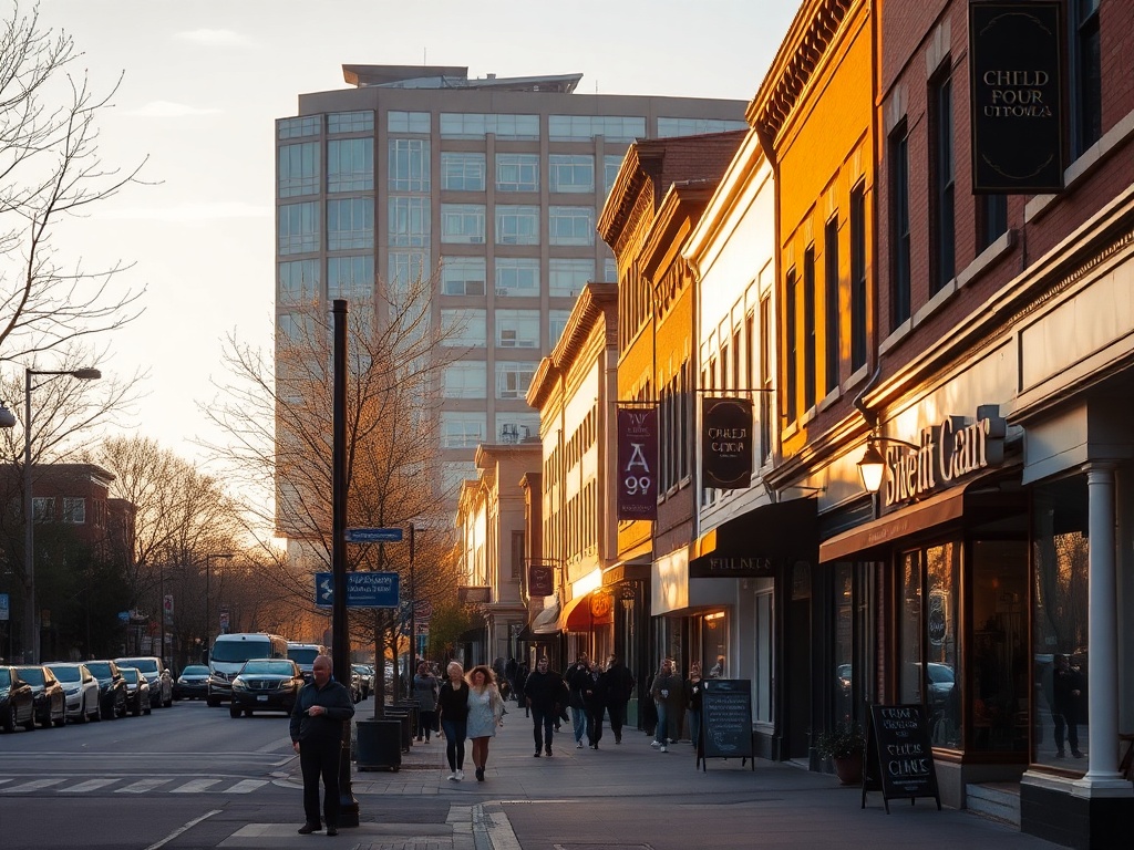 golden hour street view of Wellington West Ottawa with small shops and pedestrians, warm lighting, candid local vibe