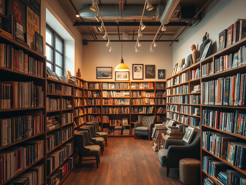 independent bookstore interior with shelves, cozy reading corners, warm lighting