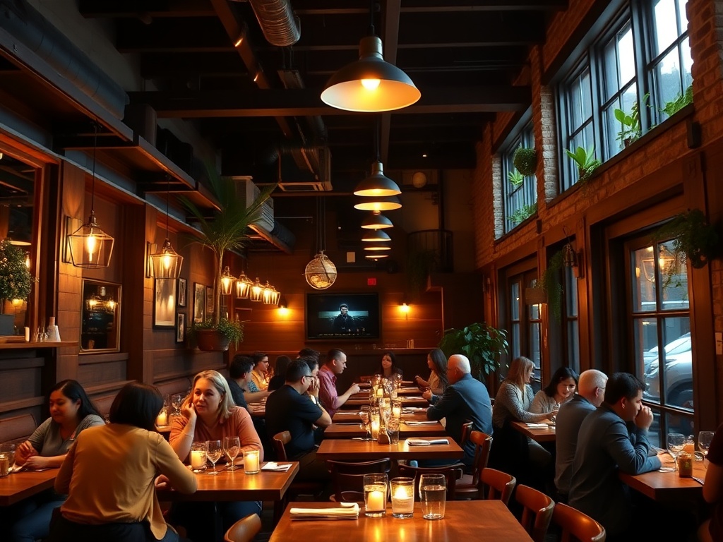 intimate neighborhood restaurant with warm lighting, people dining casually, modern rustic decor