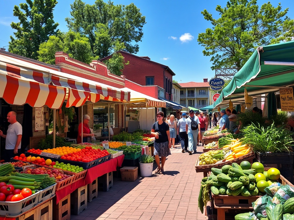 local farmers market with vendors, fresh produce, people browsing, sunny day