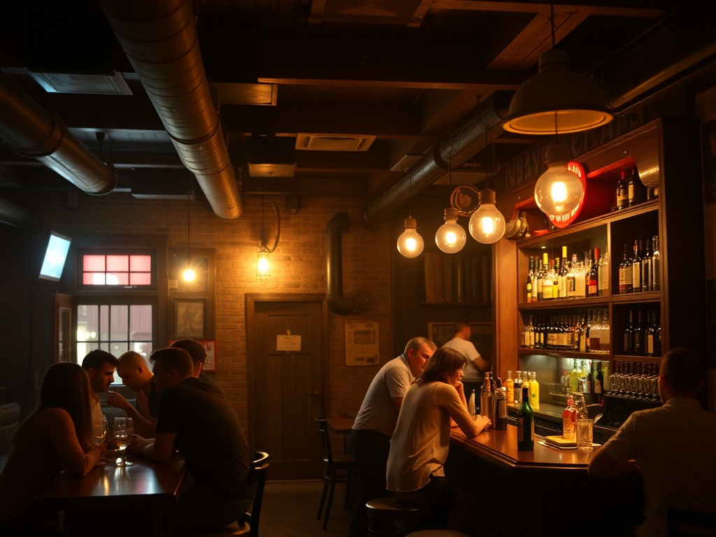 low-key neighborhood bar interior with dim lighting, wooden bar, casual patrons talking