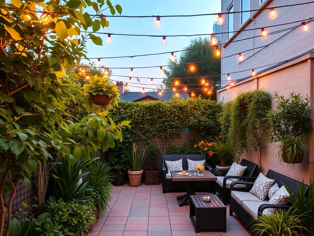 secret patio with greenery, string lights, intimate seating, evening atmosphere