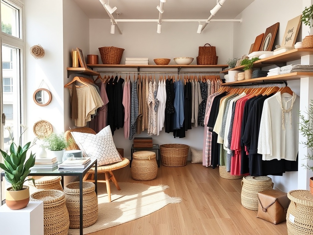 small boutique shop with curated clothing and home goods, clean aesthetic, soft lighting