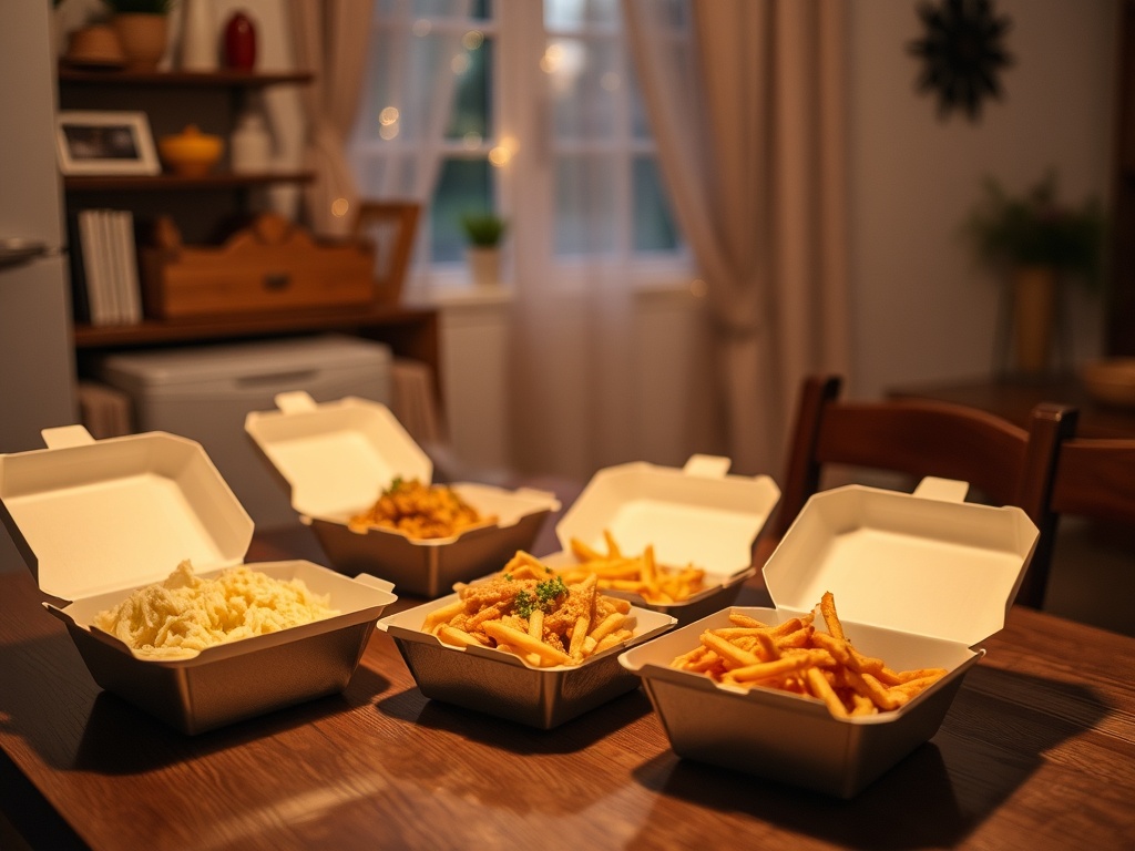 takeout food containers on a kitchen table, cozy evening setting, comfort food vibe