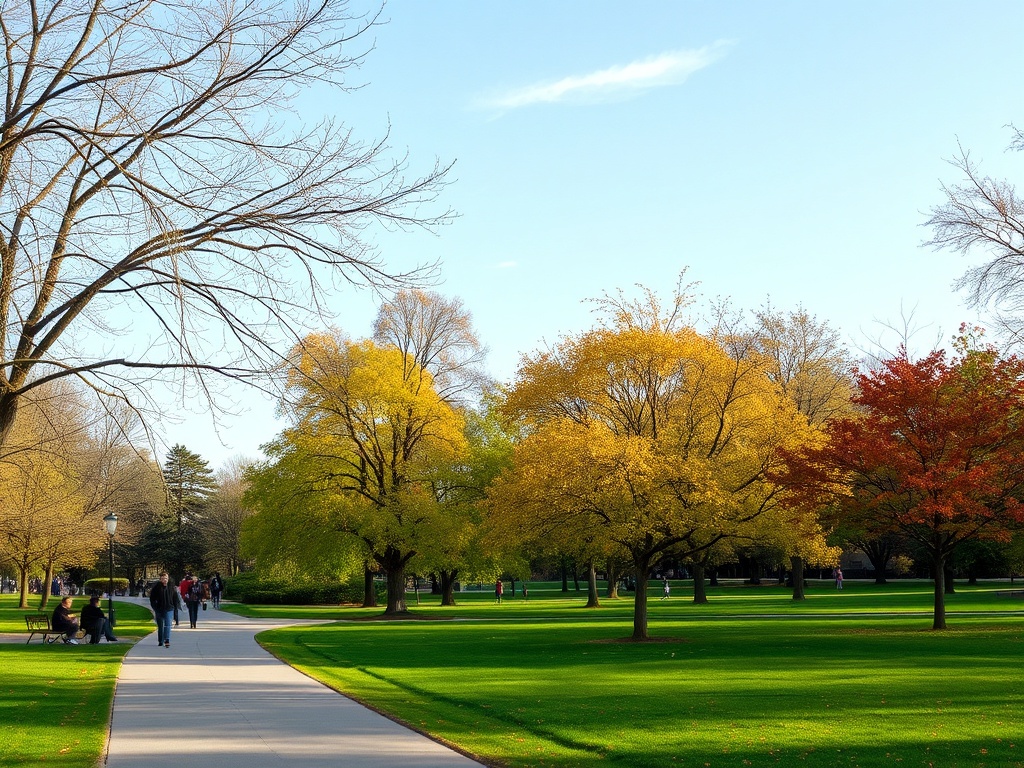 urban park in Ottawa with trees, walking path, people strolling in different seasons