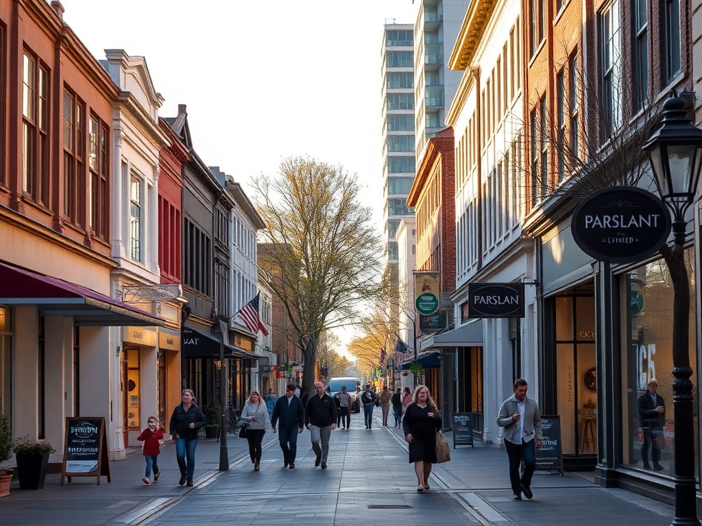 walkable neighborhood street in Wellington West with shops, pedestrians, late afternoon light