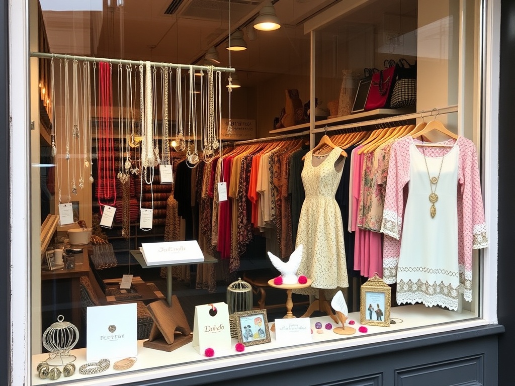 A boutique with handmade jewelry and unique clothing displayed in the window.