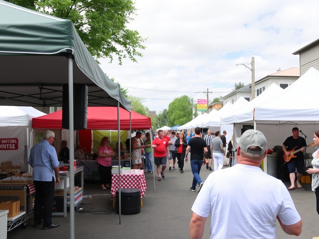 A local festival in Wellington West with tents, food stalls, and live music performances.