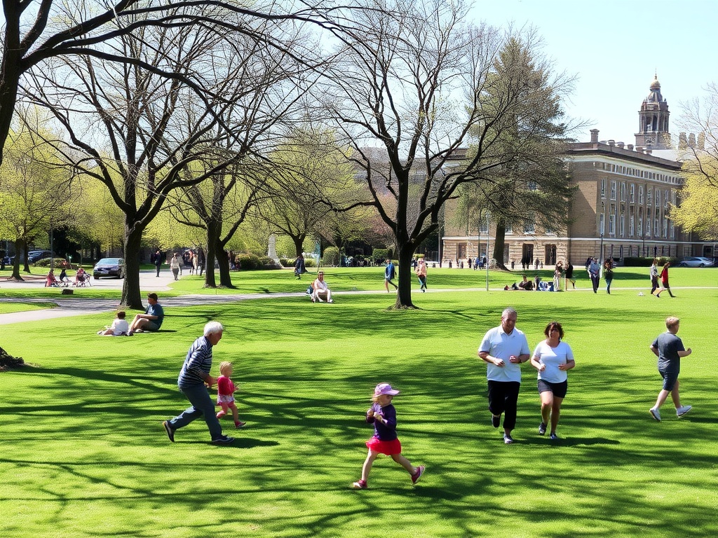 A park in Wellington West with families enjoying a sunny day, children playing, and people jogging.