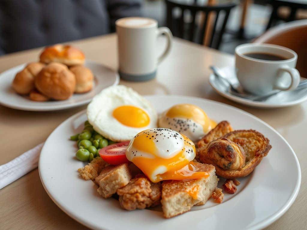 A plate of delicious brunch served at a café with coffee and pastries.