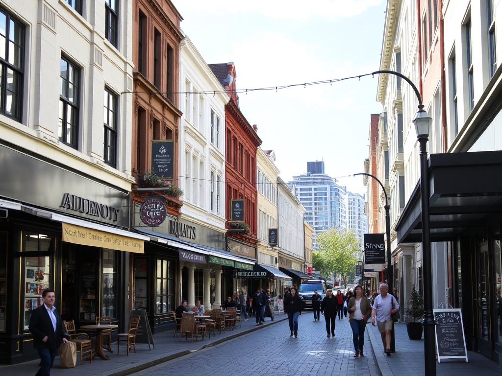 A street in Wellington West with local shops, cafés, and pedestrians enjoying the day.