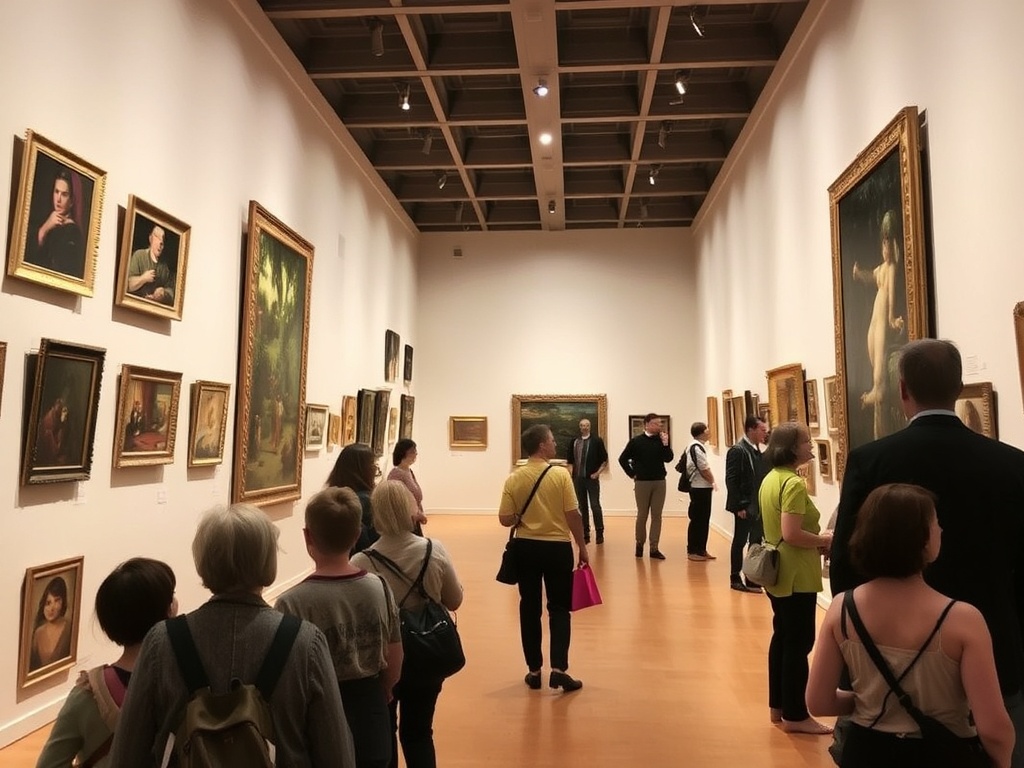 An art gallery with visitors admiring paintings on the walls.