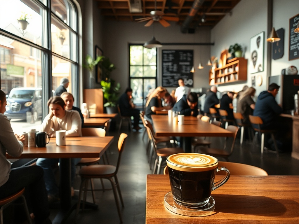 artisan coffee shop interior, latte art, wooden tables, natural light, relaxed morning crowd, Ottawa cafe scene