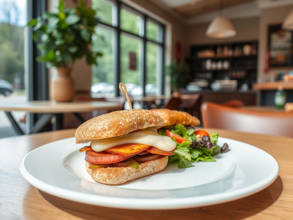 casual lunch spot, plated sandwich or brunch dish, bright natural light, relaxed midday atmosphere, Ottawa neighborhood restaurant