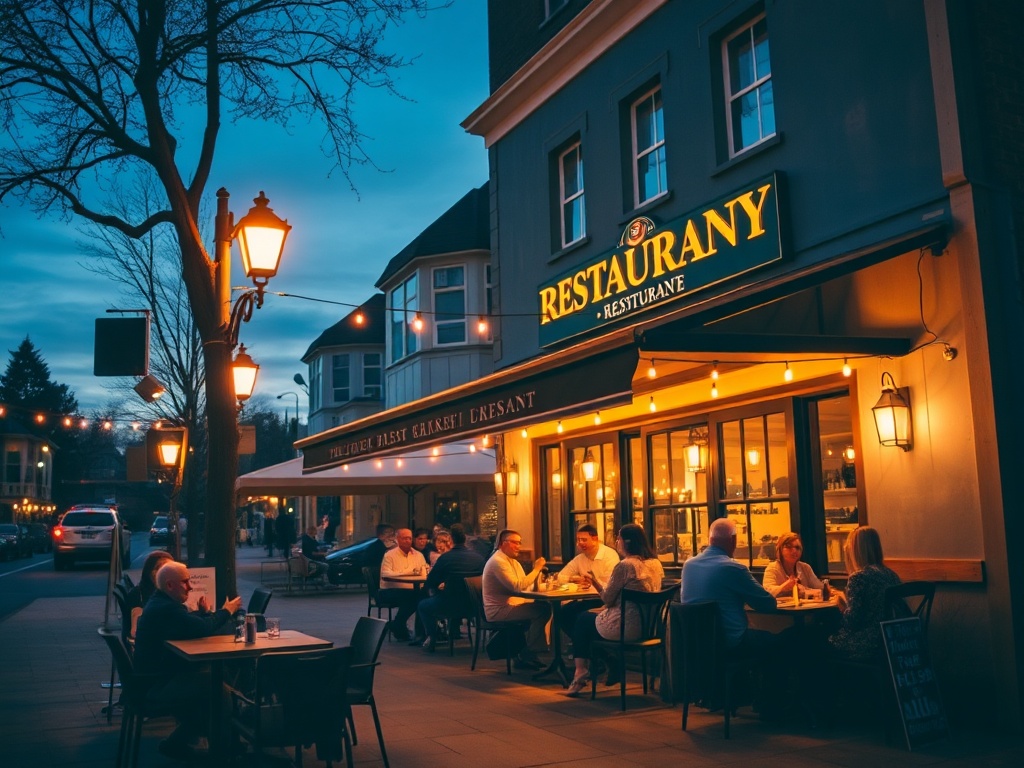 cozy evening restaurant patio, warm lighting, people dining outdoors, relaxed neighborhood nightlife, Wellington West ambiance