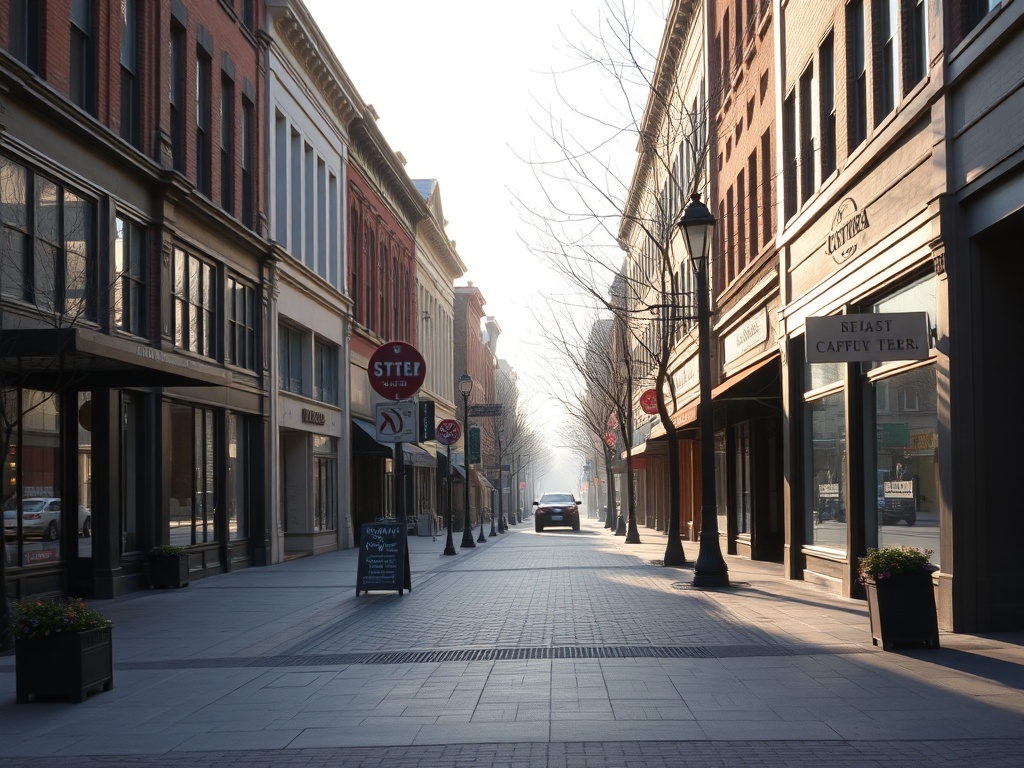 early morning Wellington West street, soft light, empty sidewalks, cozy neighborhood shops opening, Ottawa urban village vibe