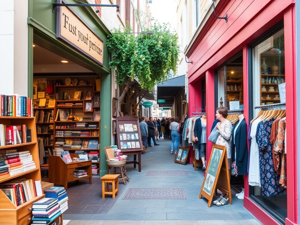 independent boutique shopping street, handmade goods, books, vintage clothing, colorful storefronts, Wellington West vibe
