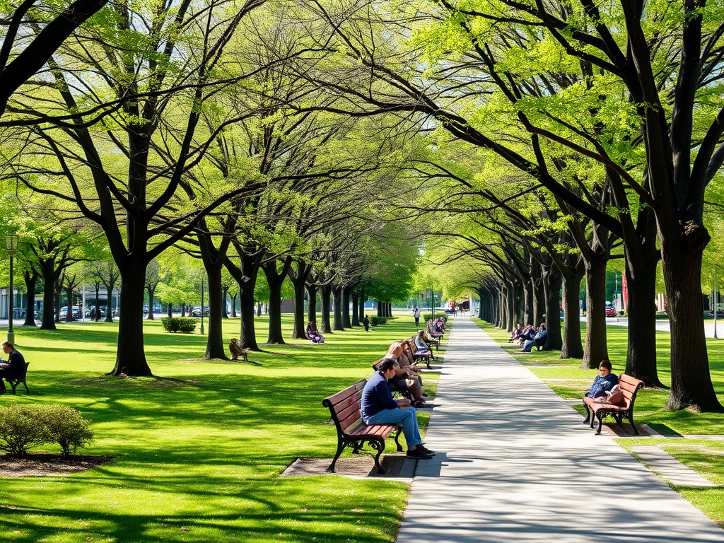 tree-lined park near Wellington West, people relaxing on benches, soft greenery, calm urban nature, Ottawa spring or summer day