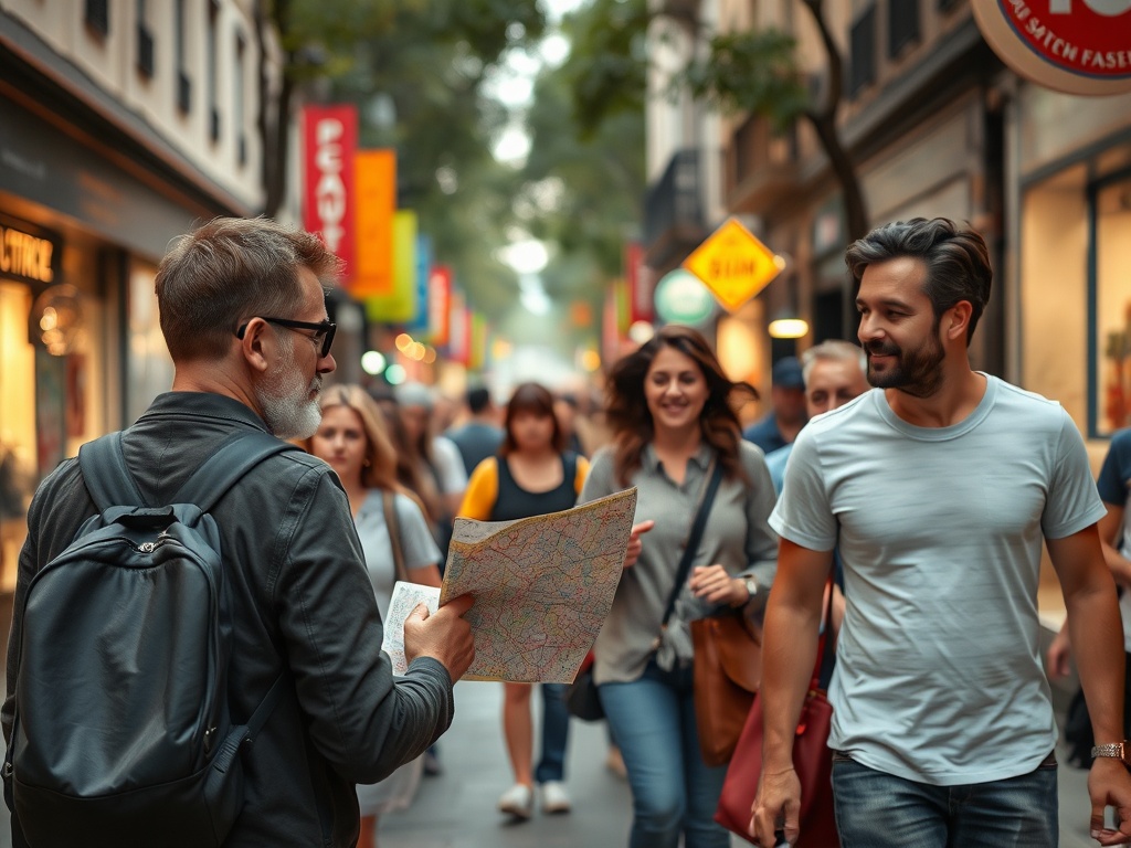 busy street overwhelmed tourist looking at map confused, contrasted with relaxed locals walking confidently