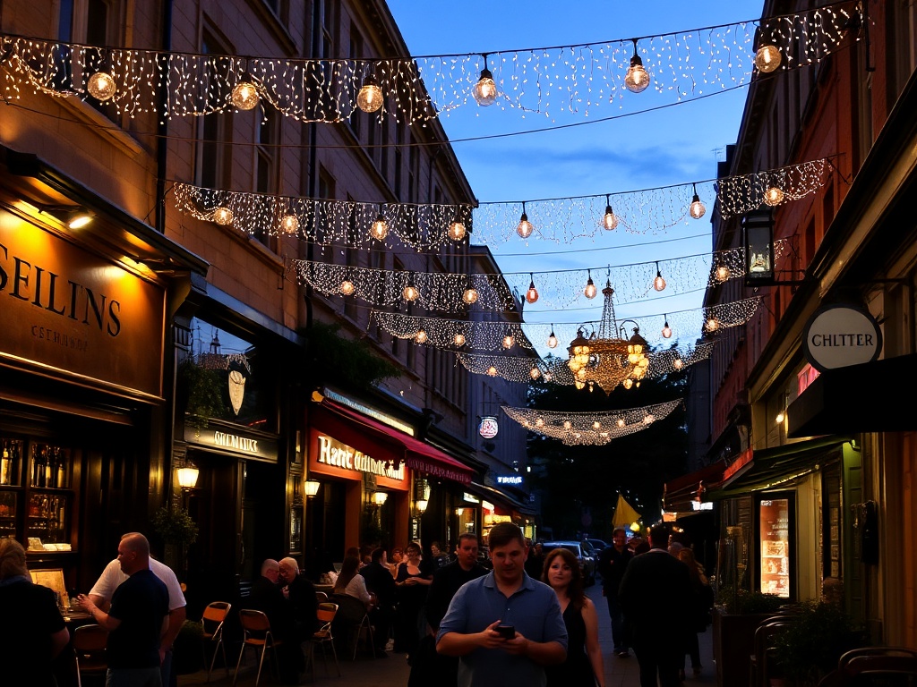 evening street scene Wellington West, string lights, bars and restaurants glowing, people socializing, cozy nightlife