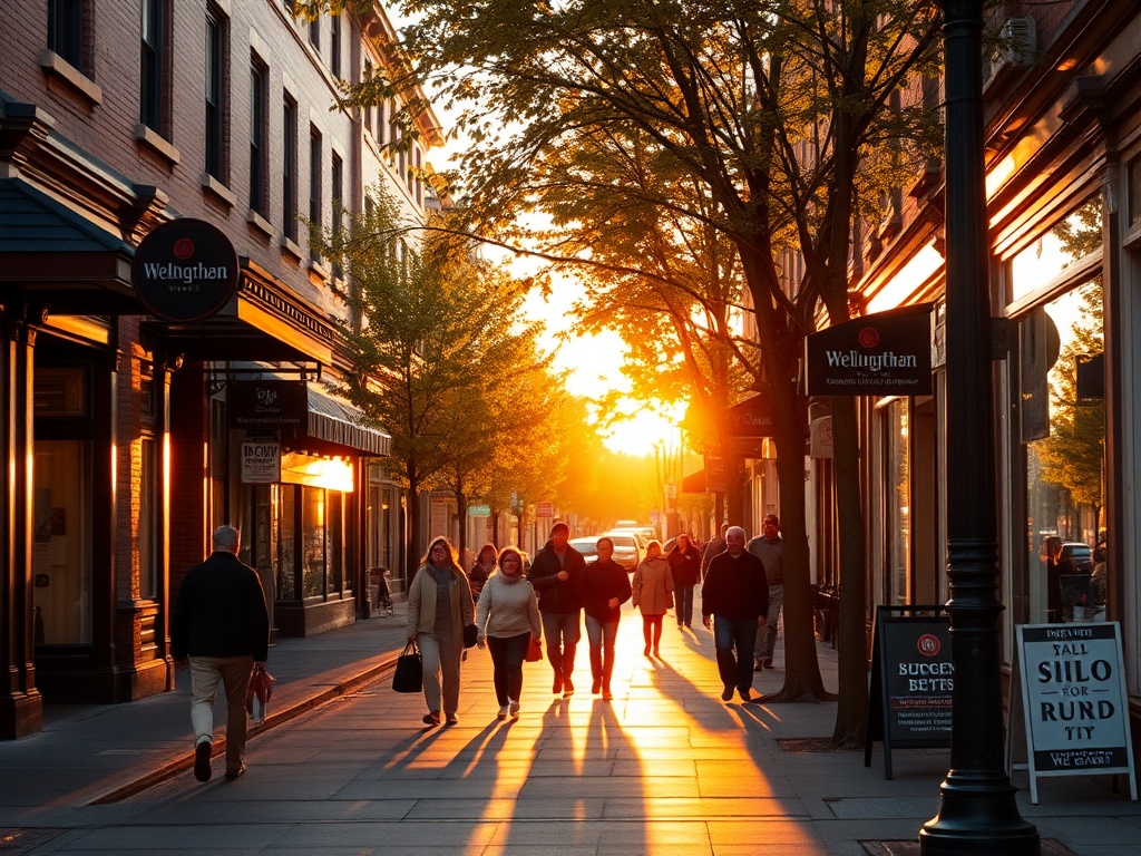 golden hour walk along Wellington West street, people strolling, small shops, warm light, autumn leaves, urban neighborhood vibe