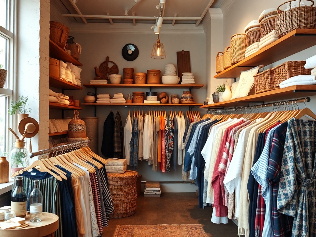 independent boutique shop interior, handmade goods, clothing racks, warm lighting, curated aesthetic